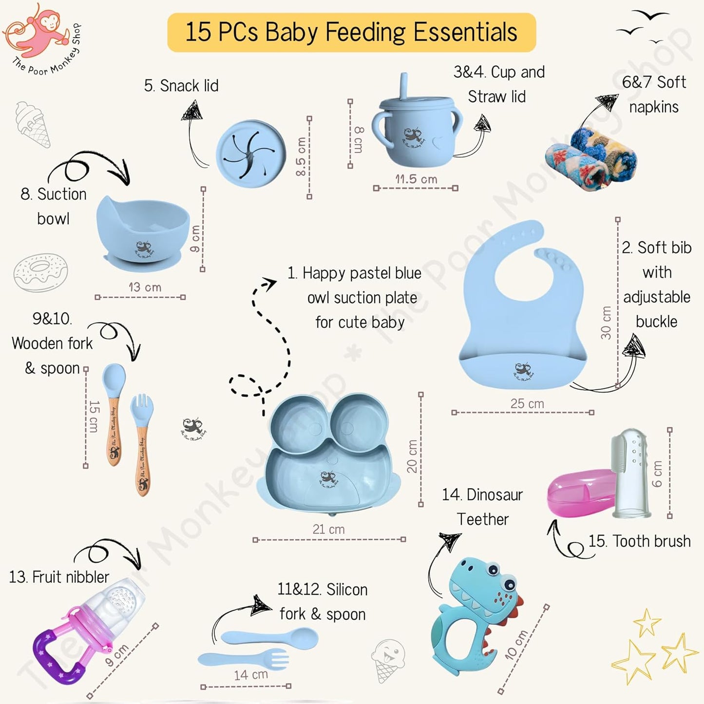 Poor-Monkey-Shop 15 Pc Baby Feeding Set | BPA-Free Food-Grade Silicone | Bib, Whale Shaped Suction Plate, Suction Bowl, Forks & Spoons, Cup, Fruit Feeder, and Much More | Safe for Babies & Toddlers