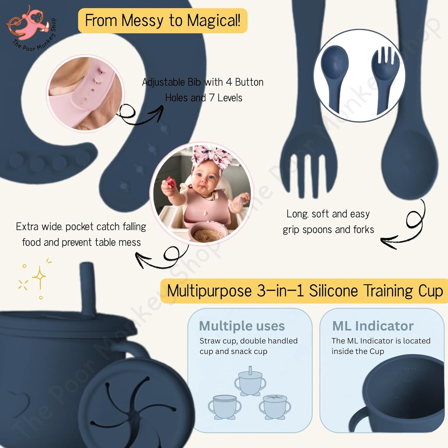 Poor-Monkey-Shop 15 Pc Baby Feeding Set | BPA-Free Food-Grade Silicone | Bib, Whale Shaped Suction Plate, Suction Bowl, Forks & Spoons, Cup, Fruit Feeder, and Much More | Safe for Babies & Toddlers