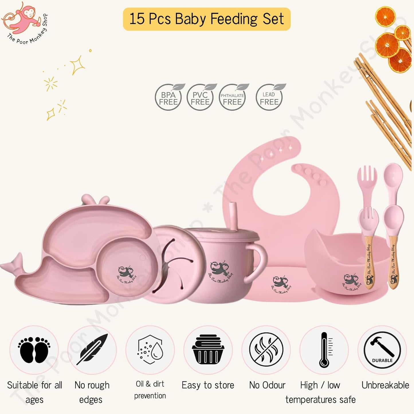 Poor-Monkey-Shop 15 Pc Baby Feeding Set | BPA-Free Food-Grade Silicone | Bib, Whale Shaped Suction Plate, Suction Bowl, Forks & Spoons, Cup, Fruit Feeder, and Much More | Safe for Babies & Toddlers