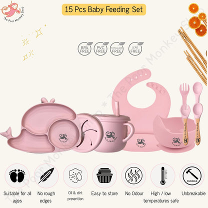 Poor-Monkey-Shop 15 Pc Baby Feeding Set | BPA-Free Food-Grade Silicone | Bib, Whale Shaped Suction Plate, Suction Bowl, Forks & Spoons, Cup, Fruit Feeder, and Much More | Safe for Babies & Toddlers