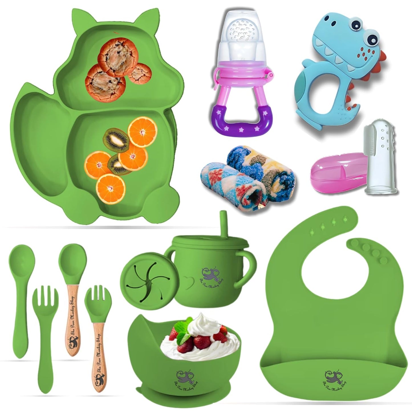 Poor-Monkey-Shop 15 Pc Baby Feeding Set | BPA-Free Food-Grade Silicone | Bib, Whale Shaped Suction Plate, Suction Bowl, Forks & Spoons, Cup, Fruit Feeder, and Much More | Safe for Babies & Toddlers