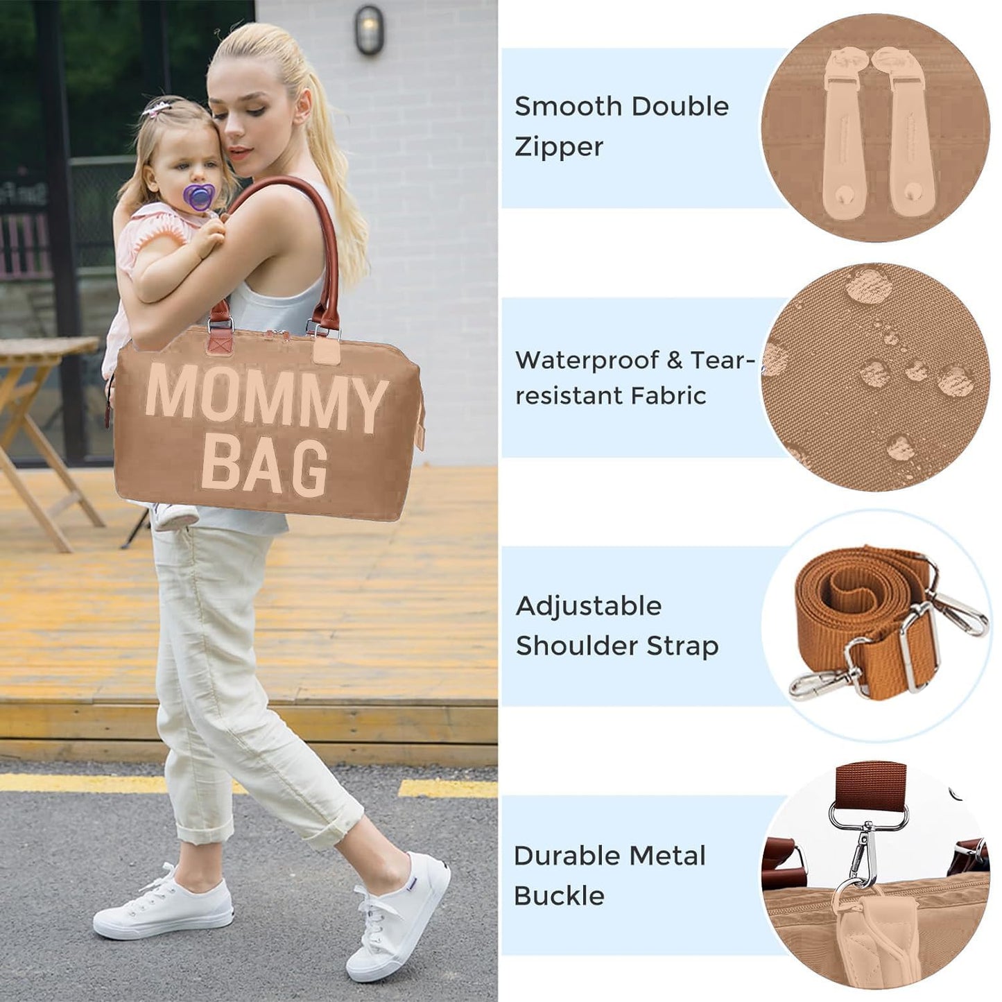 Dravina Diaper Bag for Moms, 5-Piece Set with Changing Pad, Pacifier Holder, 2 Storage Pouches & Luggage Sleeve, Stylish Maternity Backpack for Travel, Baby Essentials Organizer