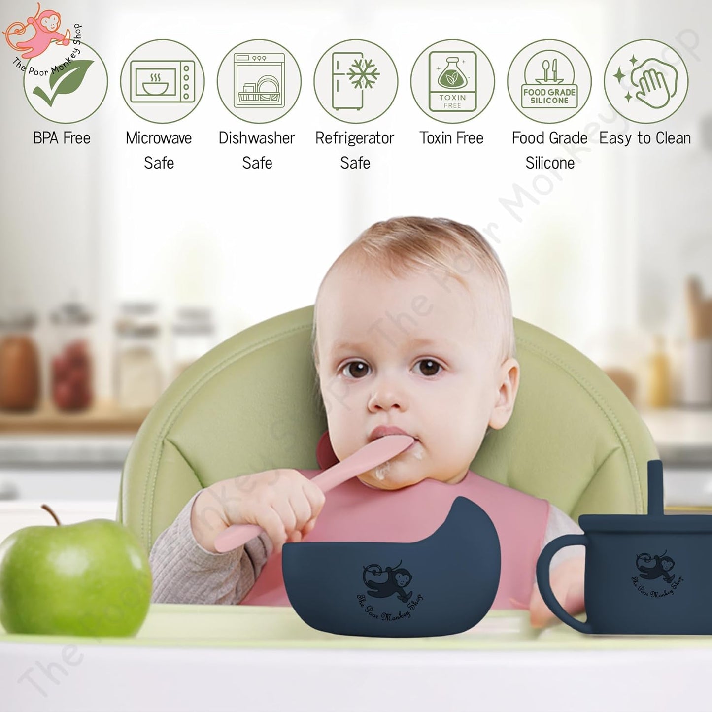 Poor-Monkey-Shop 15 Pc Baby Feeding Set | BPA-Free Food-Grade Silicone | Bib, Whale Shaped Suction Plate, Suction Bowl, Forks & Spoons, Cup, Fruit Feeder, and Much More | Safe for Babies & Toddlers