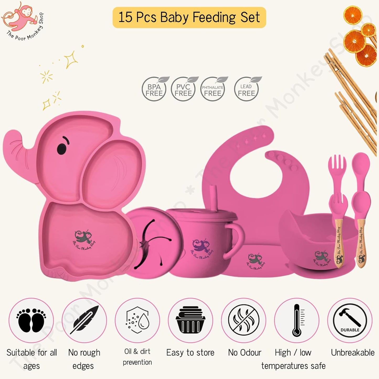 Poor-Monkey-Shop 15 Pc Baby Feeding Set | BPA-Free Food-Grade Silicone | Bib, Whale Shaped Suction Plate, Suction Bowl, Forks & Spoons, Cup, Fruit Feeder, and Much More | Safe for Babies & Toddlers
