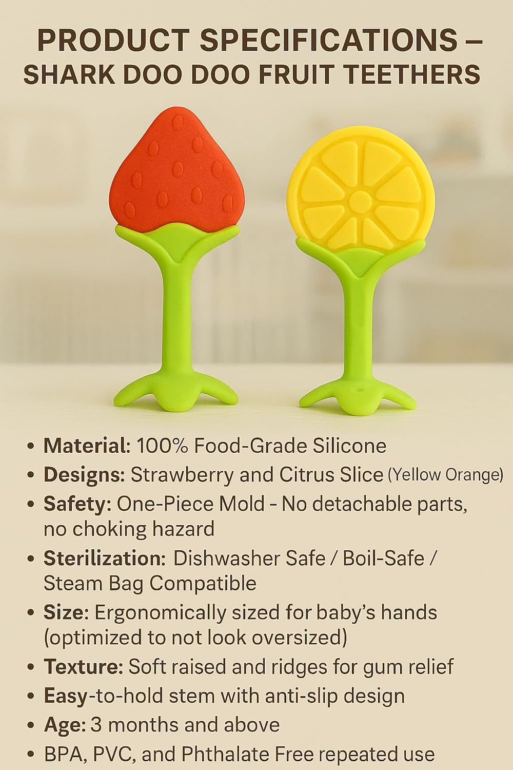 Shark Doo Doo® Teether Toy for 2+ Months Baby (Sun Teether) – BPA-Free Silicone Teether for Infants & Toddlers – Soft, Textured, Gum Soothing – Safe, One-Piece Mold for Teething Relief