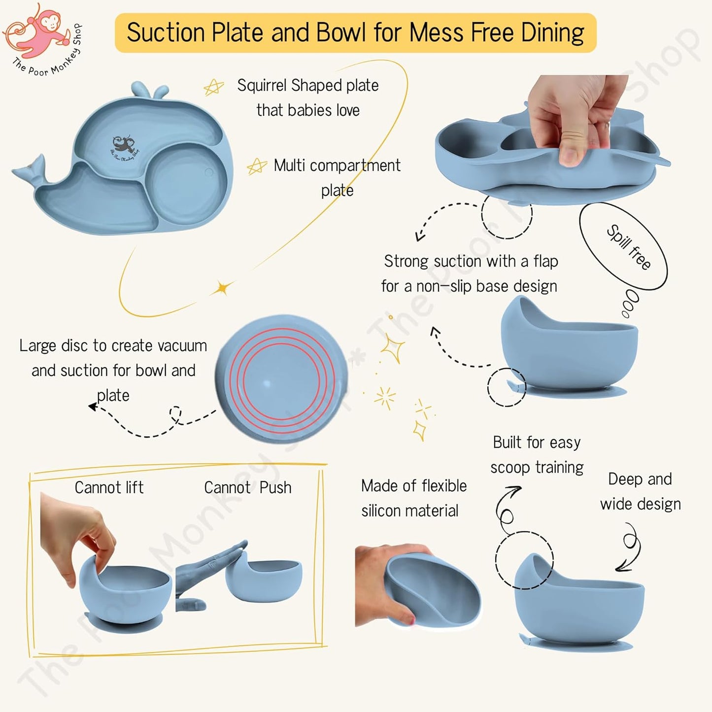 Poor-Monkey-Shop 15 Pc Baby Feeding Set | BPA-Free Food-Grade Silicone | Bib, Whale Shaped Suction Plate, Suction Bowl, Forks & Spoons, Cup, Fruit Feeder, and Much More | Safe for Babies & Toddlers