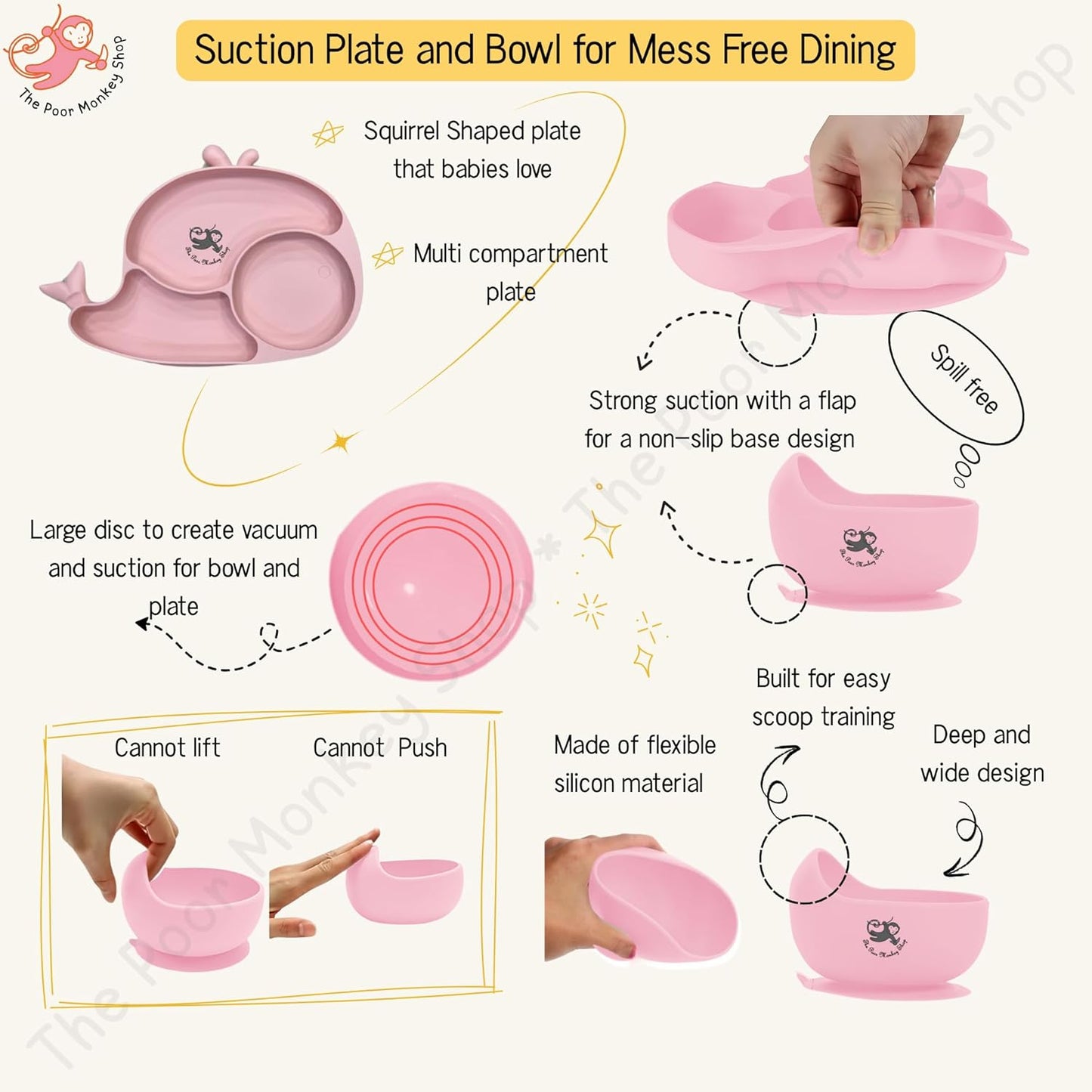 Poor-Monkey-Shop 15 Pc Baby Feeding Set | BPA-Free Food-Grade Silicone | Bib, Whale Shaped Suction Plate, Suction Bowl, Forks & Spoons, Cup, Fruit Feeder, and Much More | Safe for Babies & Toddlers