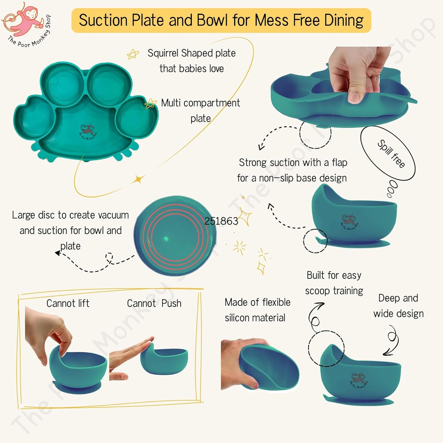 Poor-Monkey-Shop 15 Pc Baby Feeding Set | BPA-Free Food-Grade Silicone | Bib, Whale Shaped Suction Plate, Suction Bowl, Forks & Spoons, Cup, Fruit Feeder, and Much More | Safe for Babies & Toddlers