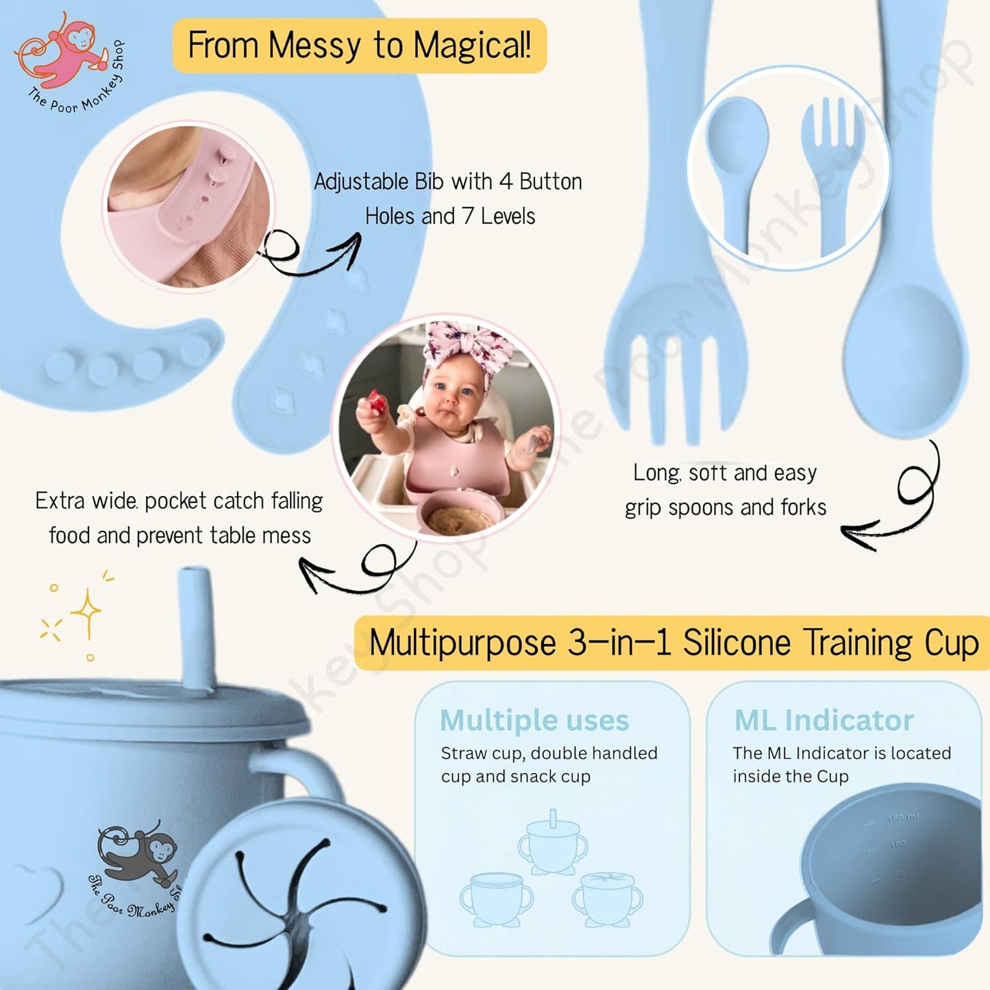 Poor-Monkey-Shop 15 Pc Baby Feeding Set | BPA-Free Food-Grade Silicone | Bib, Whale Shaped Suction Plate, Suction Bowl, Forks & Spoons, Cup, Fruit Feeder, and Much More | Safe for Babies & Toddlers