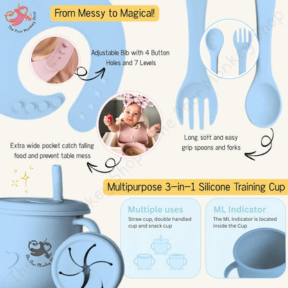 Poor-Monkey-Shop 15 Pc Baby Feeding Set | BPA-Free Food-Grade Silicone | Bib, Whale Shaped Suction Plate, Suction Bowl, Forks & Spoons, Cup, Fruit Feeder, and Much More | Safe for Babies & Toddlers