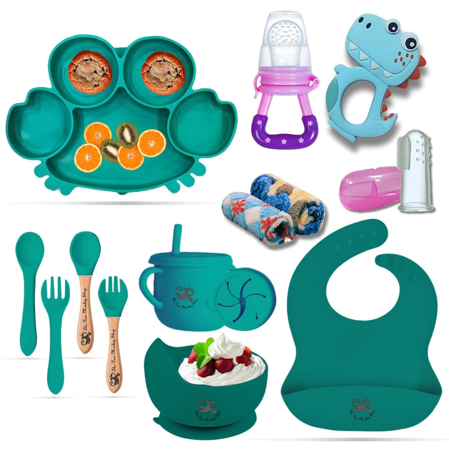 Poor-Monkey-Shop 15 Pc Baby Feeding Set | BPA-Free Food-Grade Silicone | Bib, Whale Shaped Suction Plate, Suction Bowl, Forks & Spoons, Cup, Fruit Feeder, and Much More | Safe for Babies & Toddlers