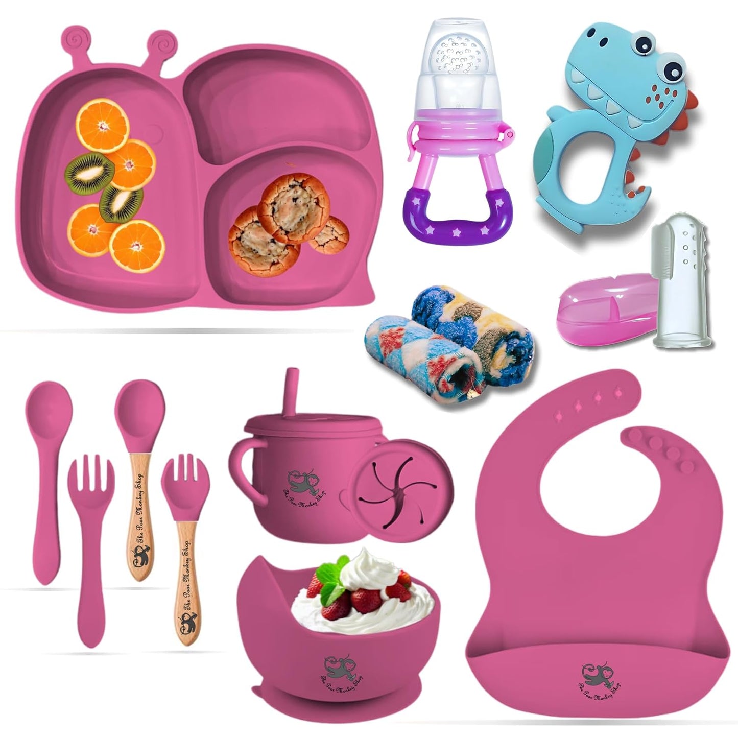 Poor-Monkey-Shop 15 Pc Baby Feeding Set | BPA-Free Food-Grade Silicone | Bib, Whale Shaped Suction Plate, Suction Bowl, Forks & Spoons, Cup, Fruit Feeder, and Much More | Safe for Babies & Toddlers