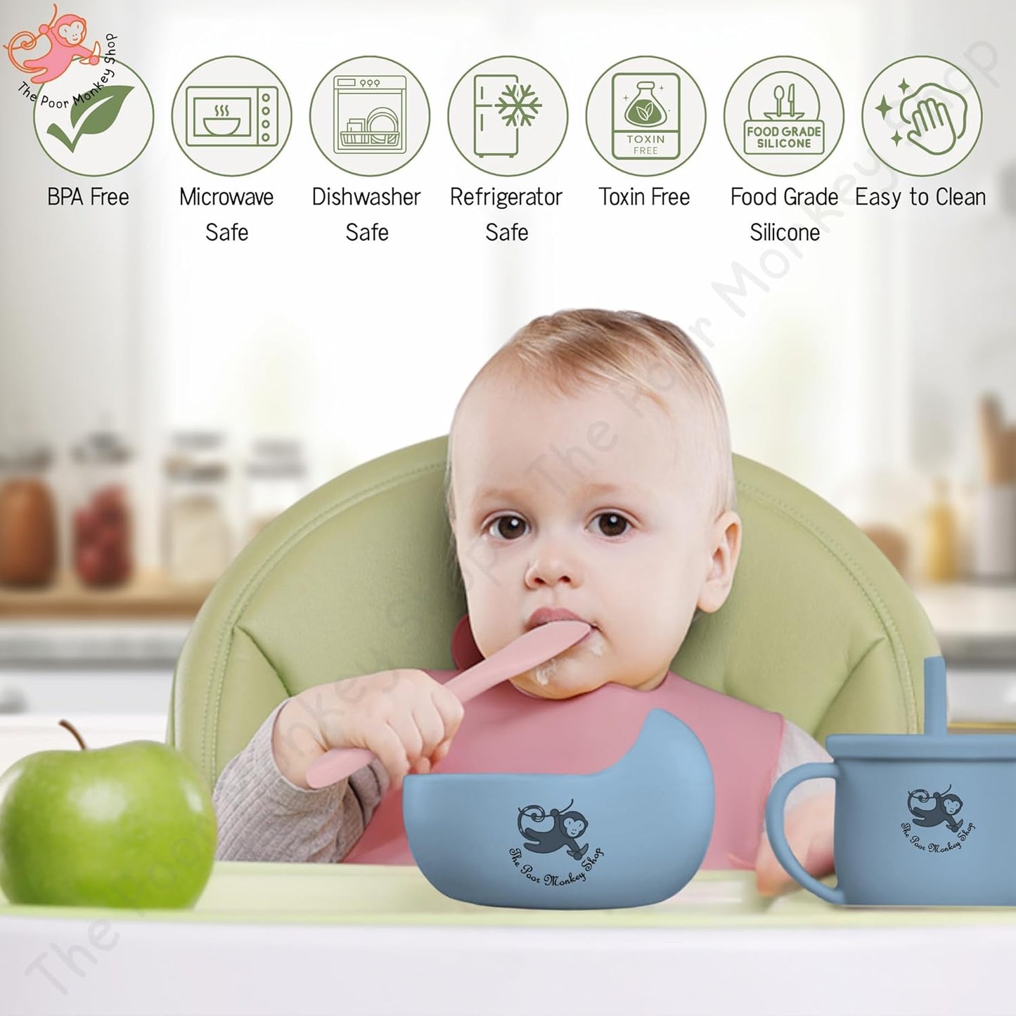 Poor-Monkey-Shop 15 Pc Baby Feeding Set | BPA-Free Food-Grade Silicone | Bib, Whale Shaped Suction Plate, Suction Bowl, Forks & Spoons, Cup, Fruit Feeder, and Much More | Safe for Babies & Toddlers