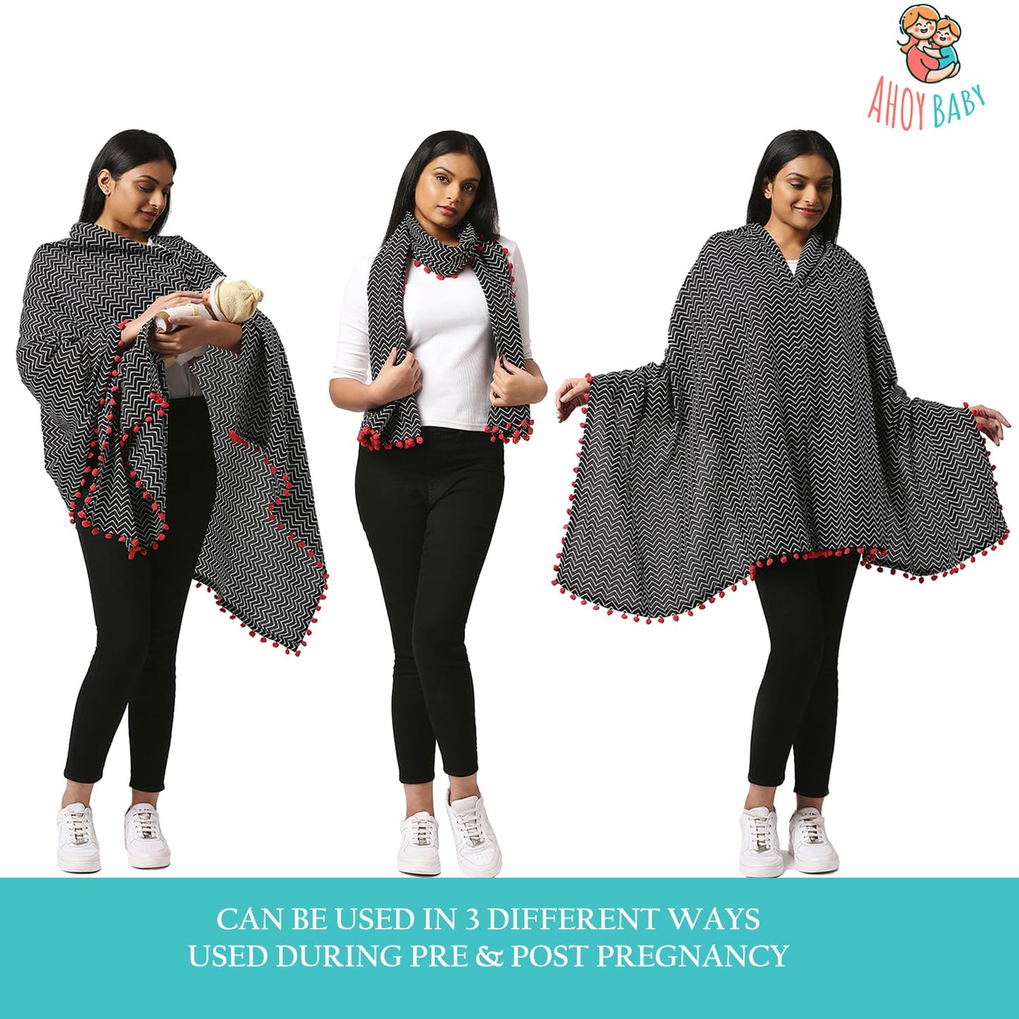 AHOY BABY Nursing Cover For Feeding Mom-Breastfeeding Mother Apron-3 In 1 Use As Shawl, Pure Cotton And Breathable-Pre & Post Pregnancy Essentials,1 Count,Black