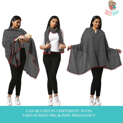 AHOY BABY Nursing Cover For Feeding Mom-Breastfeeding Mother Apron-3 In 1 Use As Shawl, Pure Cotton And Breathable-Pre & Post Pregnancy Essentials,1 Count,Black