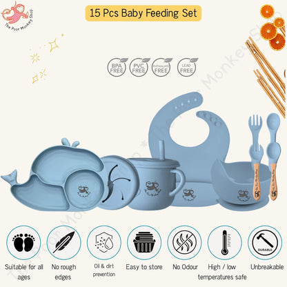 Poor-Monkey-Shop 15 Pc Baby Feeding Set | BPA-Free Food-Grade Silicone | Bib, Whale Shaped Suction Plate, Suction Bowl, Forks & Spoons, Cup, Fruit Feeder, and Much More | Safe for Babies & Toddlers