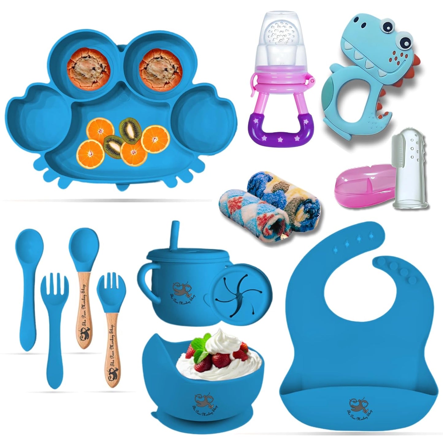 Poor-Monkey-Shop 15 Pc Baby Feeding Set | BPA-Free Food-Grade Silicone | Bib, Whale Shaped Suction Plate, Suction Bowl, Forks & Spoons, Cup, Fruit Feeder, and Much More | Safe for Babies & Toddlers