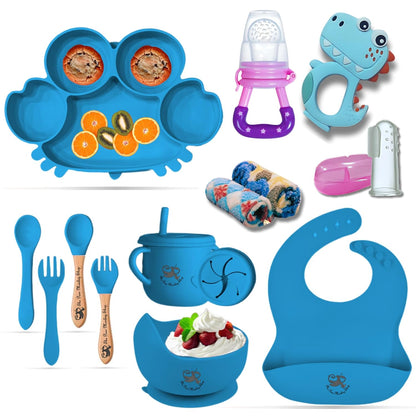 Poor-Monkey-Shop 15 Pc Baby Feeding Set | BPA-Free Food-Grade Silicone | Bib, Whale Shaped Suction Plate, Suction Bowl, Forks & Spoons, Cup, Fruit Feeder, and Much More | Safe for Babies & Toddlers