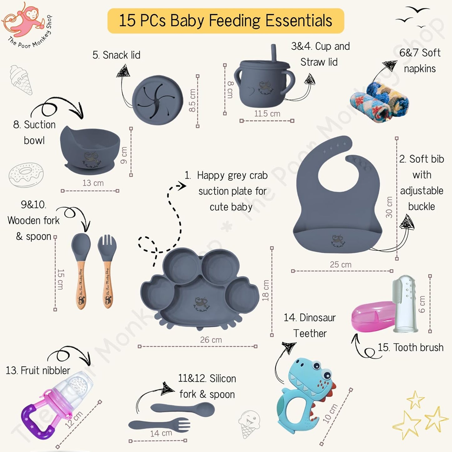 Poor-Monkey-Shop 15 Pc Baby Feeding Set | BPA-Free Food-Grade Silicone | Bib, Whale Shaped Suction Plate, Suction Bowl, Forks & Spoons, Cup, Fruit Feeder, and Much More | Safe for Babies & Toddlers