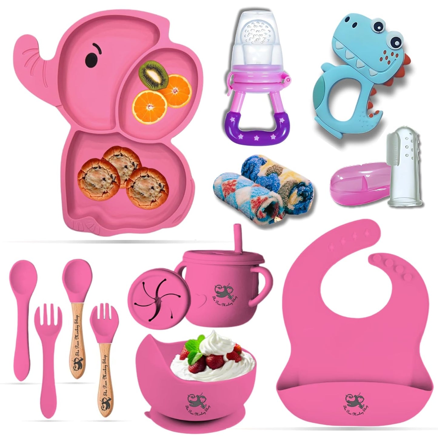 Poor-Monkey-Shop 15 Pc Baby Feeding Set | BPA-Free Food-Grade Silicone | Bib, Whale Shaped Suction Plate, Suction Bowl, Forks & Spoons, Cup, Fruit Feeder, and Much More | Safe for Babies & Toddlers