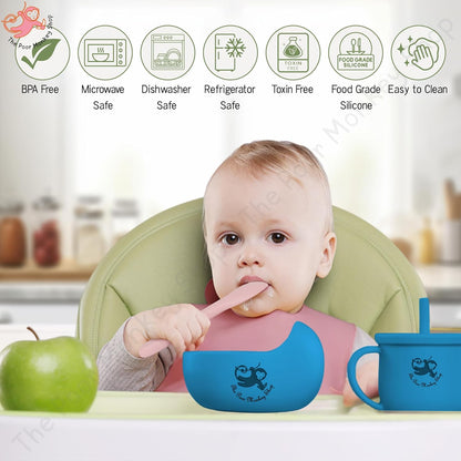 Poor-Monkey-Shop 15 Pc Baby Feeding Set | BPA-Free Food-Grade Silicone | Bib, Whale Shaped Suction Plate, Suction Bowl, Forks & Spoons, Cup, Fruit Feeder, and Much More | Safe for Babies & Toddlers