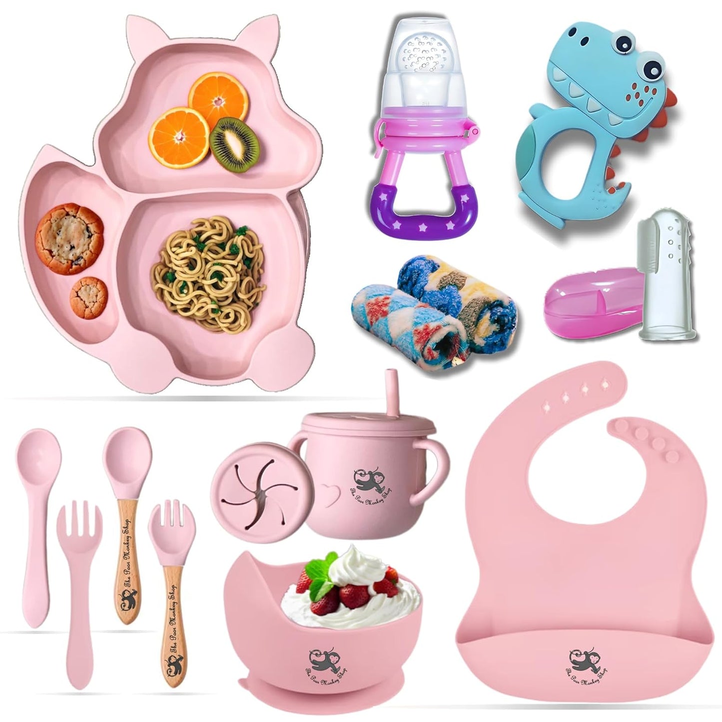 Poor-Monkey-Shop 15 Pc Baby Feeding Set | BPA-Free Food-Grade Silicone | Bib, Whale Shaped Suction Plate, Suction Bowl, Forks & Spoons, Cup, Fruit Feeder, and Much More | Safe for Babies & Toddlers