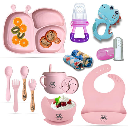 Poor-Monkey-Shop 15 Pc Baby Feeding Set | BPA-Free Food-Grade Silicone | Bib, Whale Shaped Suction Plate, Suction Bowl, Forks & Spoons, Cup, Fruit Feeder, and Much More | Safe for Babies & Toddlers
