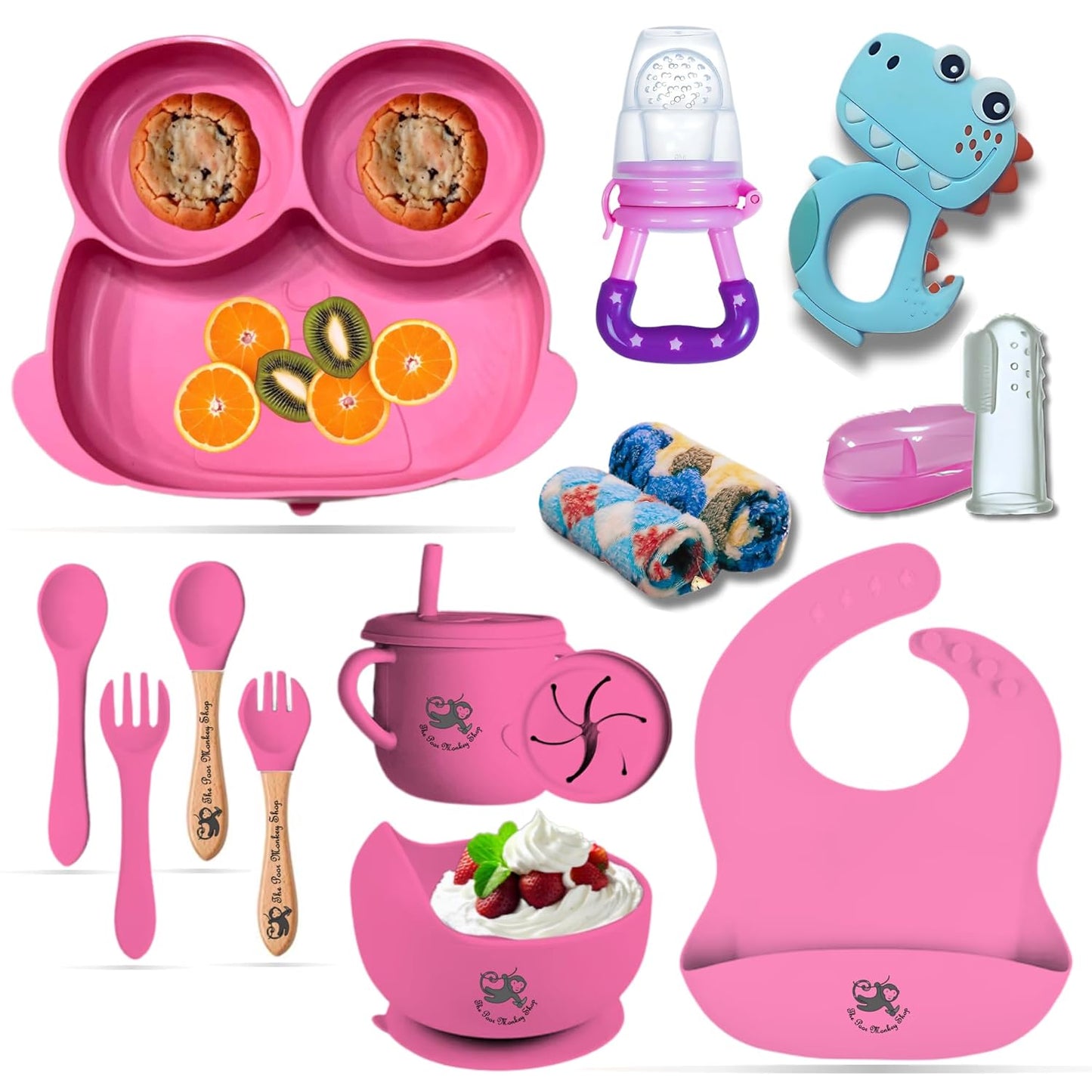Poor-Monkey-Shop 15 Pc Baby Feeding Set | BPA-Free Food-Grade Silicone | Bib, Whale Shaped Suction Plate, Suction Bowl, Forks & Spoons, Cup, Fruit Feeder, and Much More | Safe for Babies & Toddlers