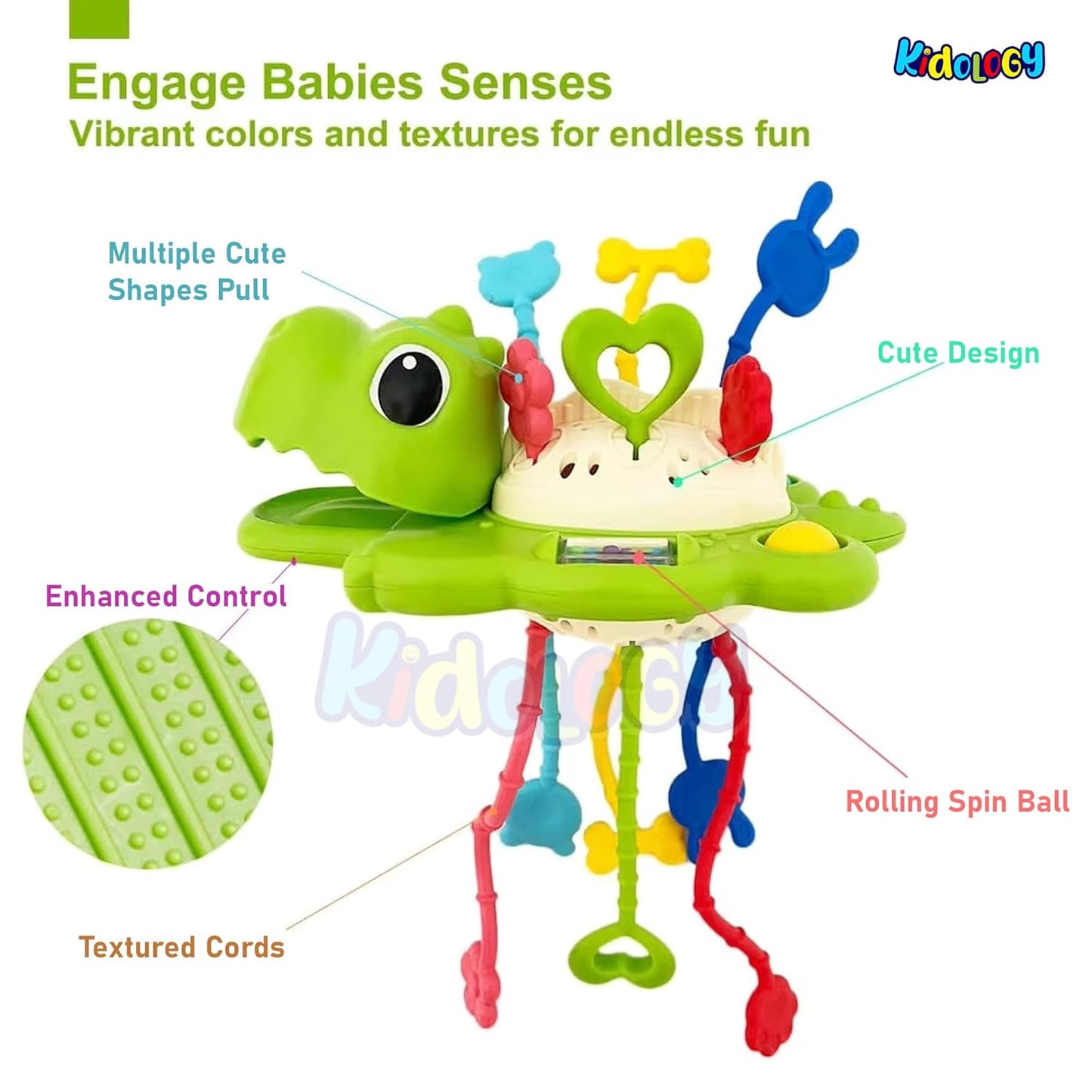 Kidology Pull String Teething Toy for Babies 6+ Months | Sensory Teether & Fine Motor Skills Activity | Montessori Toys for Baby Girls & Boys | Travel-Friendly, Food-Grade Silicone for Toddlers | UFO