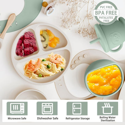 9 Pcs Silicone Baby Feeding Set Bpa-Free,Microwave Safe, Anti-Slip Base | Complete Tableware Kit for Babies & Toddlers with Suction Plate, Bowl, Cup, Spoon, Fork & Bib Multi-Color