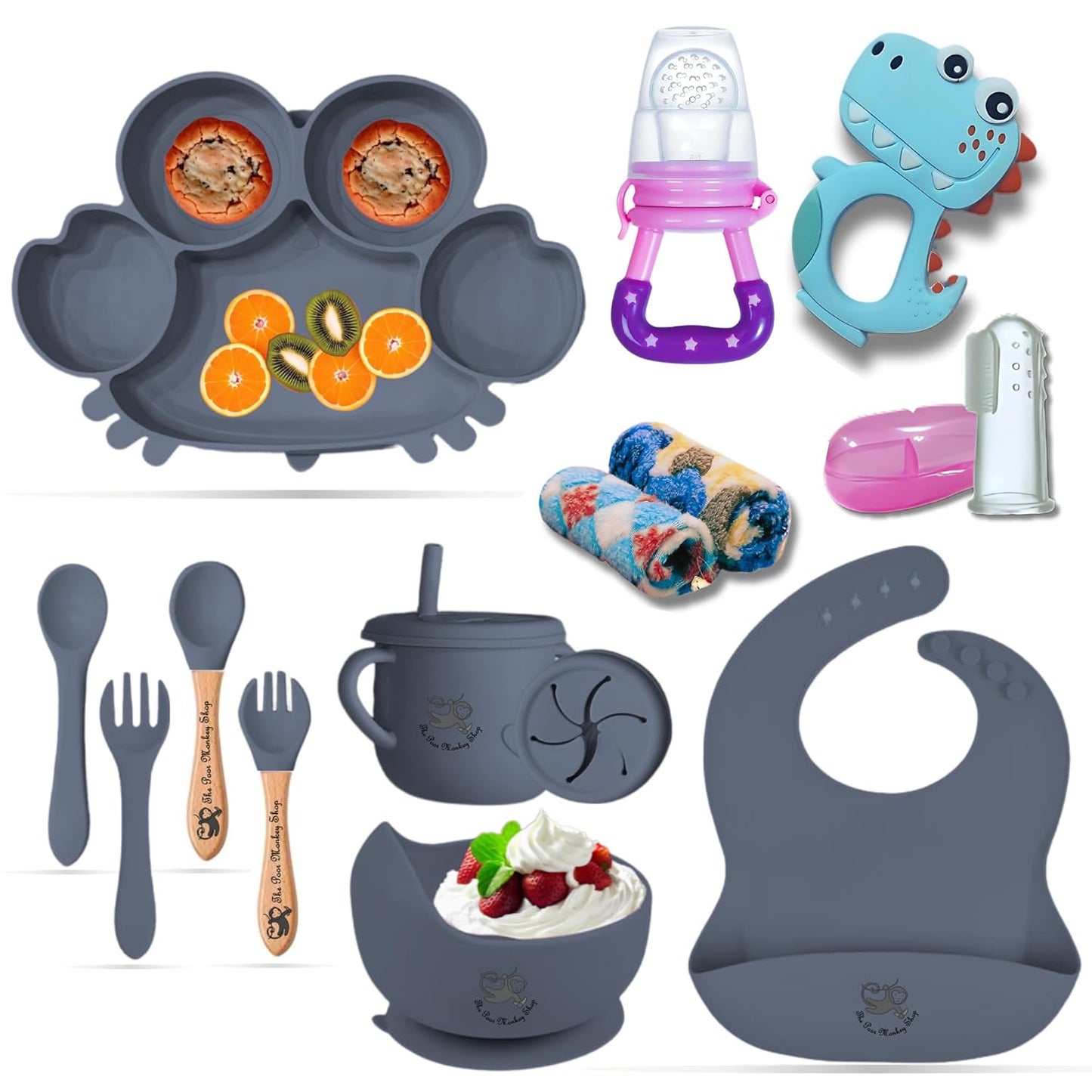 Poor-Monkey-Shop 15 Pc Baby Feeding Set | BPA-Free Food-Grade Silicone | Bib, Whale Shaped Suction Plate, Suction Bowl, Forks & Spoons, Cup, Fruit Feeder, and Much More | Safe for Babies & Toddlers