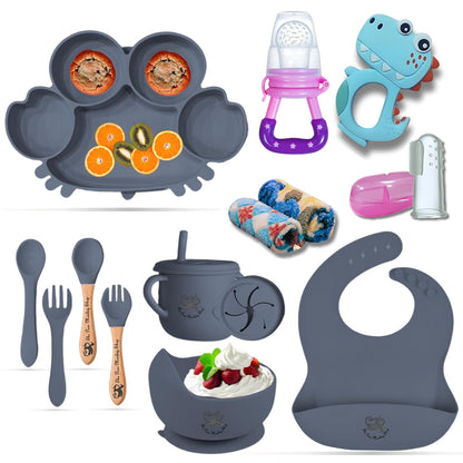 Poor-Monkey-Shop 15 Pc Baby Feeding Set | BPA-Free Food-Grade Silicone | Bib, Whale Shaped Suction Plate, Suction Bowl, Forks & Spoons, Cup, Fruit Feeder, and Much More | Safe for Babies & Toddlers