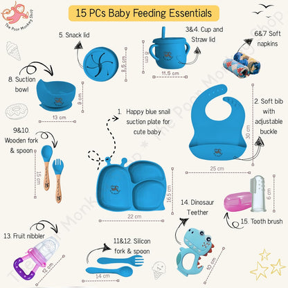 Poor-Monkey-Shop 15 Pc Baby Feeding Set | BPA-Free Food-Grade Silicone | Bib, Whale Shaped Suction Plate, Suction Bowl, Forks & Spoons, Cup, Fruit Feeder, and Much More | Safe for Babies & Toddlers