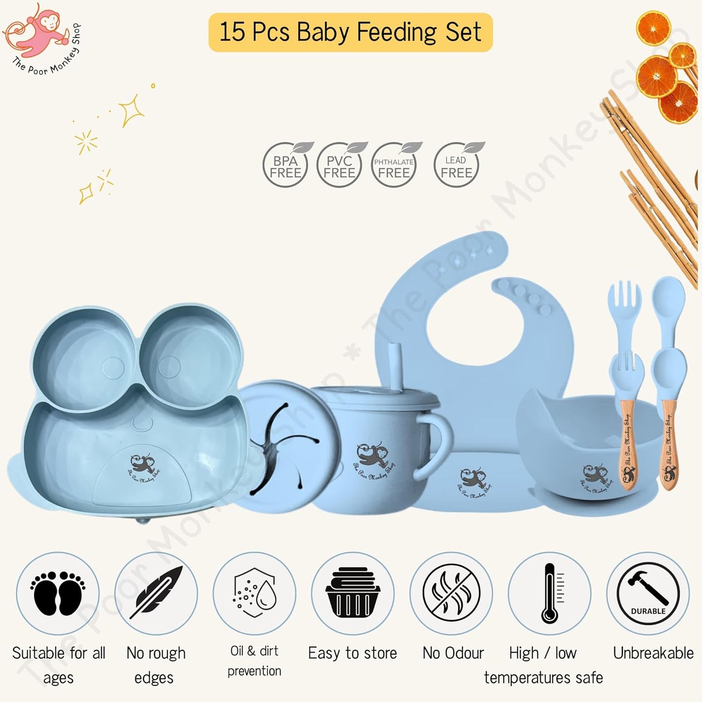 Poor-Monkey-Shop 15 Pc Baby Feeding Set | BPA-Free Food-Grade Silicone | Bib, Whale Shaped Suction Plate, Suction Bowl, Forks & Spoons, Cup, Fruit Feeder, and Much More | Safe for Babies & Toddlers