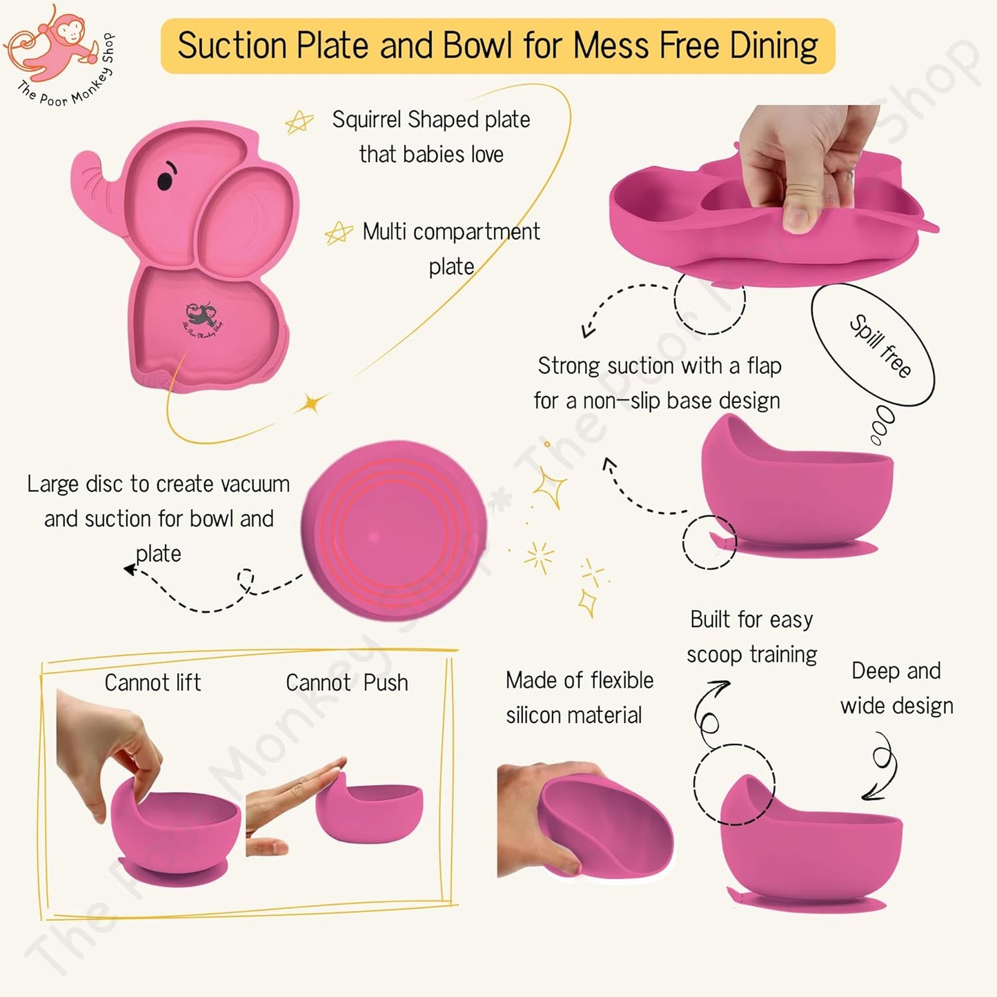 Poor-Monkey-Shop 15 Pc Baby Feeding Set | BPA-Free Food-Grade Silicone | Bib, Whale Shaped Suction Plate, Suction Bowl, Forks & Spoons, Cup, Fruit Feeder, and Much More | Safe for Babies & Toddlers