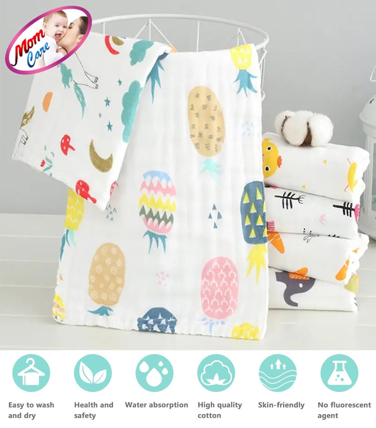 MOM CARE Muslin Cotton Face Towels For Newborn Baby Extra Soft Hankies Reusable Napkins For Infants Toddlers (Pack Of 5) White, 500 TC