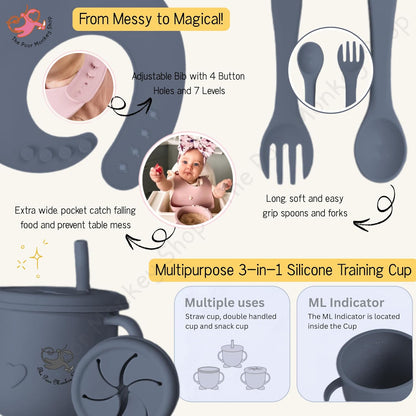 Poor-Monkey-Shop 15 Pc Baby Feeding Set | BPA-Free Food-Grade Silicone | Bib, Whale Shaped Suction Plate, Suction Bowl, Forks & Spoons, Cup, Fruit Feeder, and Much More | Safe for Babies & Toddlers