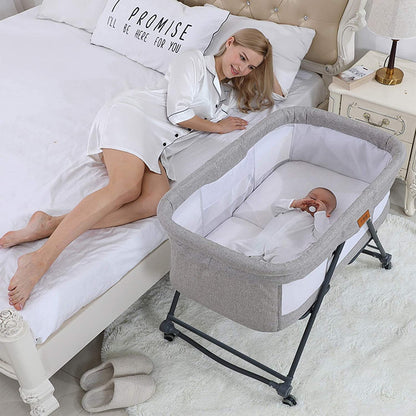 House of Quirk Cradle Crib Baby Rack, Foldable, No Assembly Required, Comes With Casters, Convenient Storage, Adjustable, Breathable, Washable, Newborn 0 Months And Up,(93 X 55 X 77 Cm, Grey) Aluminum