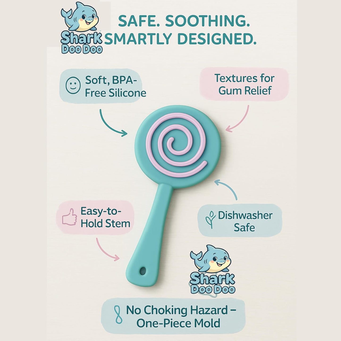 Shark Doo Doo® Teether Toy for 2+ Months Baby (Sun Teether) – BPA-Free Silicone Teether for Infants & Toddlers – Soft, Textured, Gum Soothing – Safe, One-Piece Mold for Teething Relief