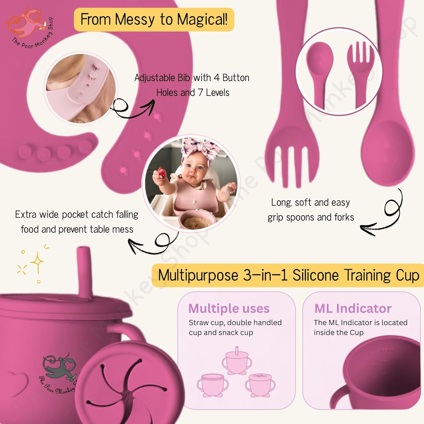 Poor-Monkey-Shop 15 Pc Baby Feeding Set | BPA-Free Food-Grade Silicone | Bib, Whale Shaped Suction Plate, Suction Bowl, Forks & Spoons, Cup, Fruit Feeder, and Much More | Safe for Babies & Toddlers