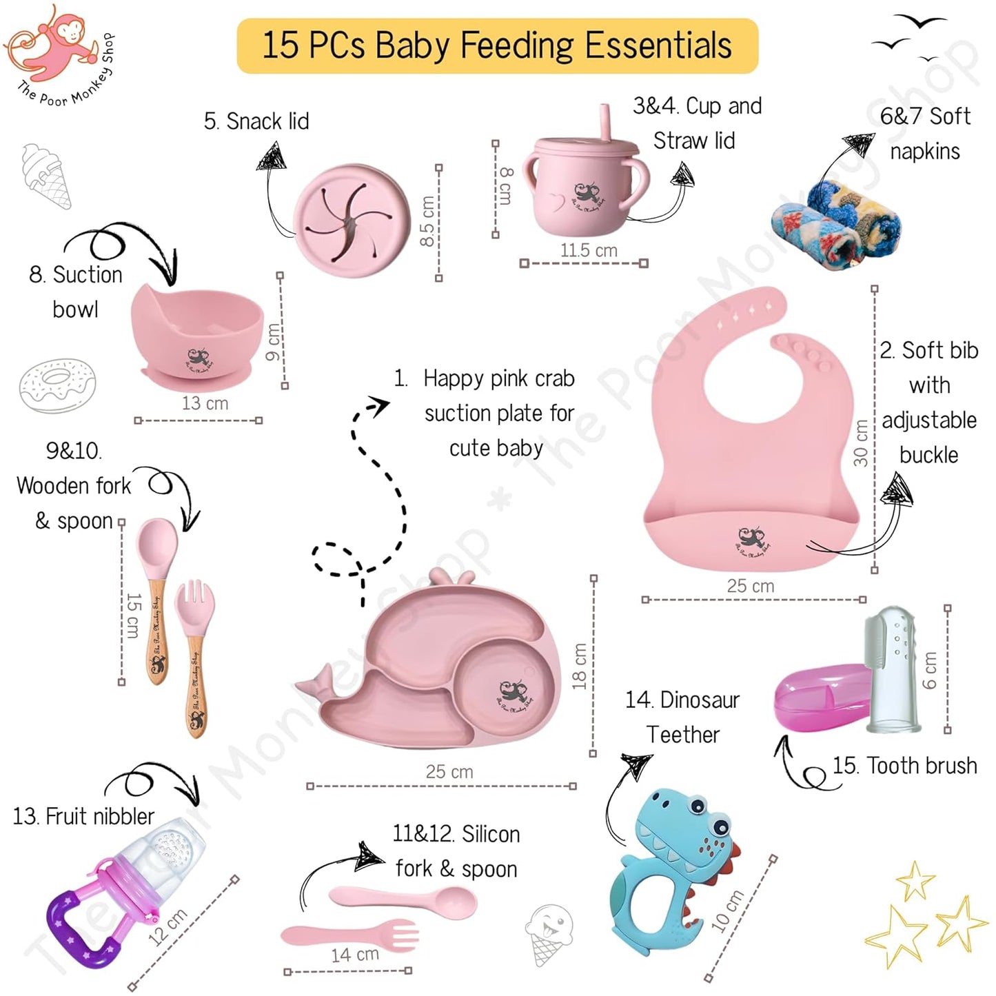 Poor-Monkey-Shop 15 Pc Baby Feeding Set | BPA-Free Food-Grade Silicone | Bib, Whale Shaped Suction Plate, Suction Bowl, Forks & Spoons, Cup, Fruit Feeder, and Much More | Safe for Babies & Toddlers