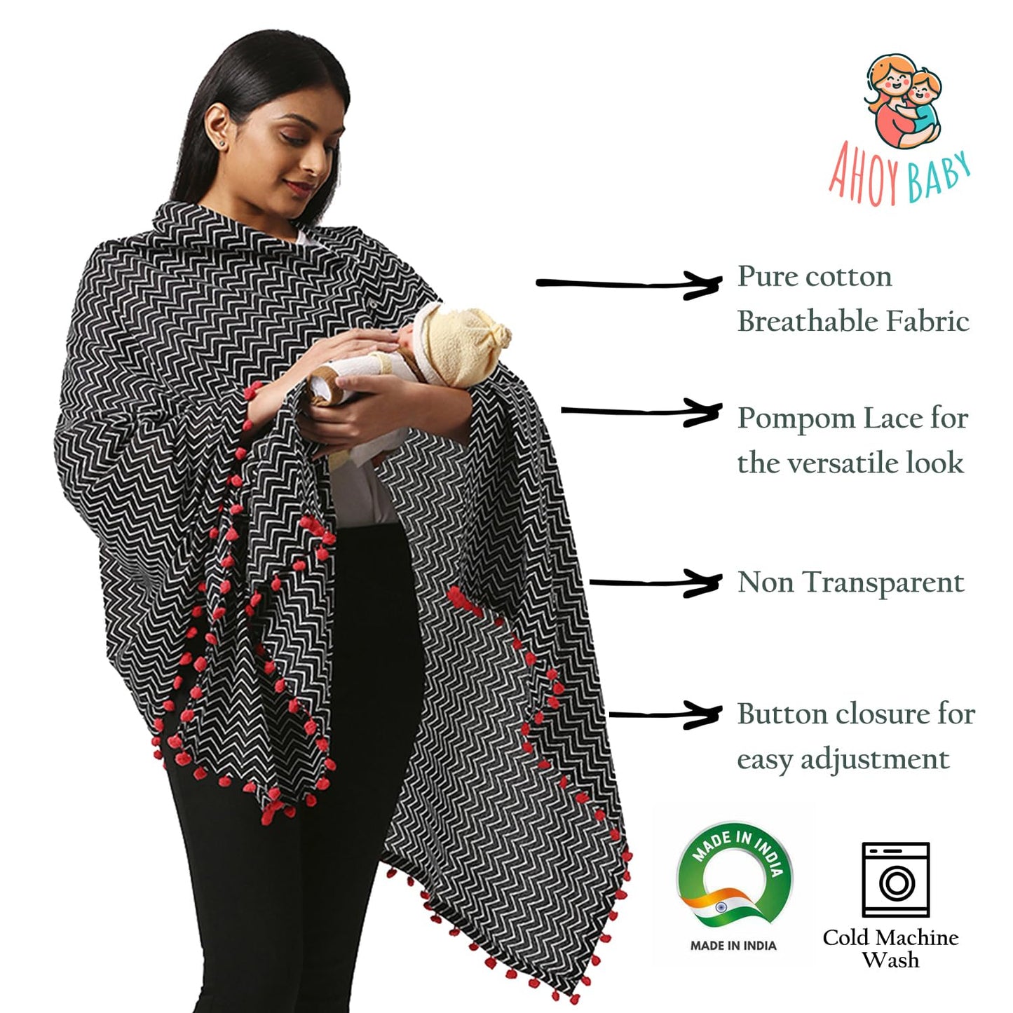 AHOY BABY Nursing Cover For Feeding Mom-Breastfeeding Mother Apron-3 In 1 Use As Shawl, Pure Cotton And Breathable-Pre & Post Pregnancy Essentials,1 Count,Black