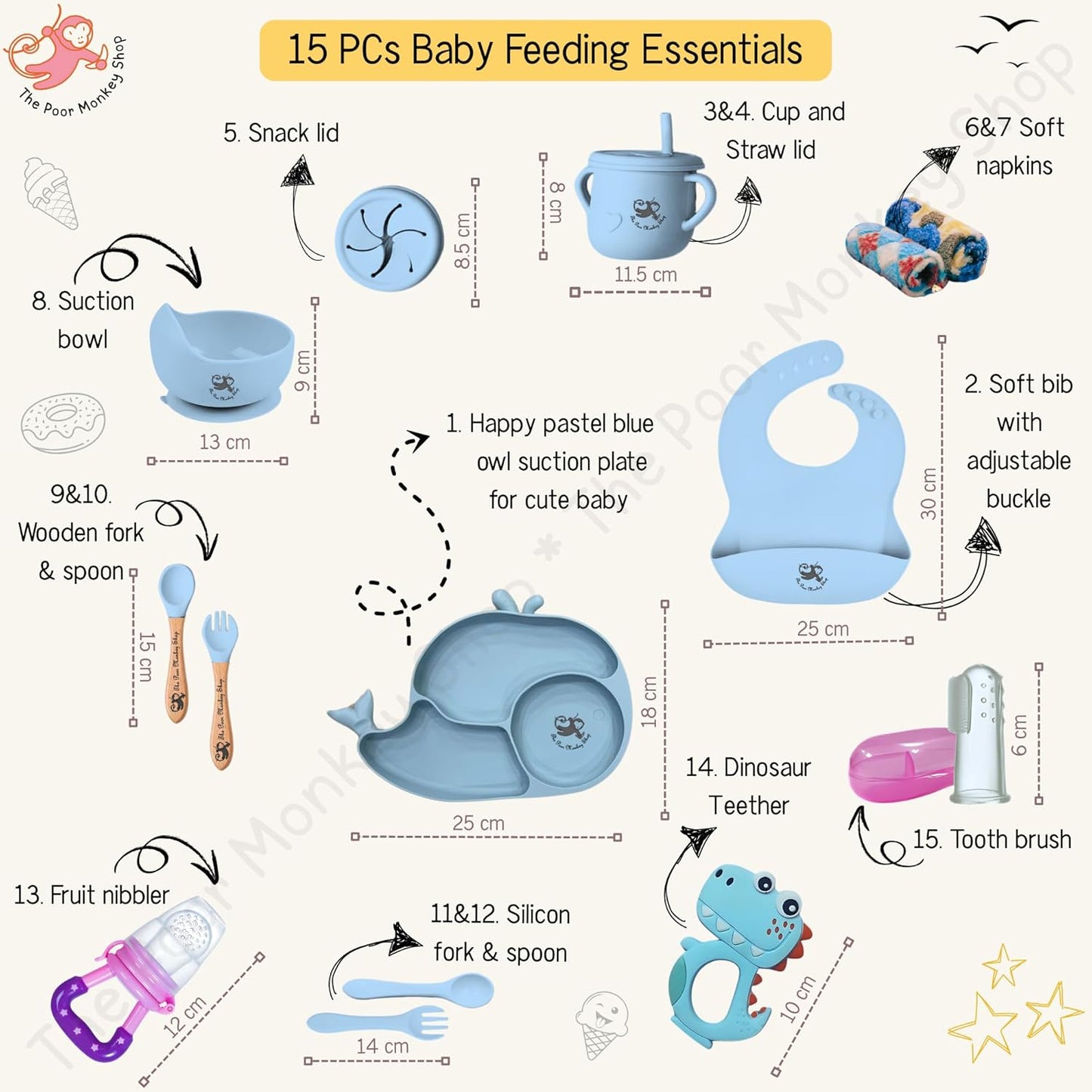 Poor-Monkey-Shop 15 Pc Baby Feeding Set | BPA-Free Food-Grade Silicone | Bib, Whale Shaped Suction Plate, Suction Bowl, Forks & Spoons, Cup, Fruit Feeder, and Much More | Safe for Babies & Toddlers