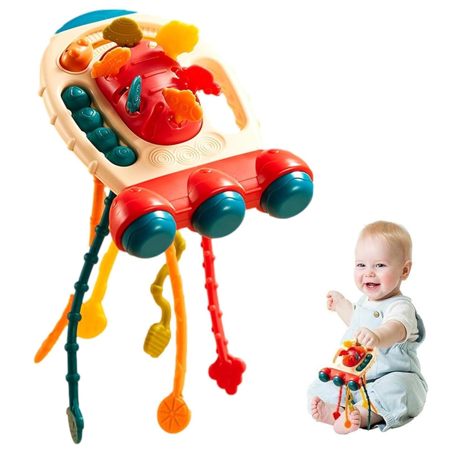 Kidology Pull String Teething Toy for Babies 6+ Months | Sensory Teether & Fine Motor Skills Activity | Montessori Toys for Baby Girls & Boys | Travel-Friendly, Food-Grade Silicone for Toddlers | UFO