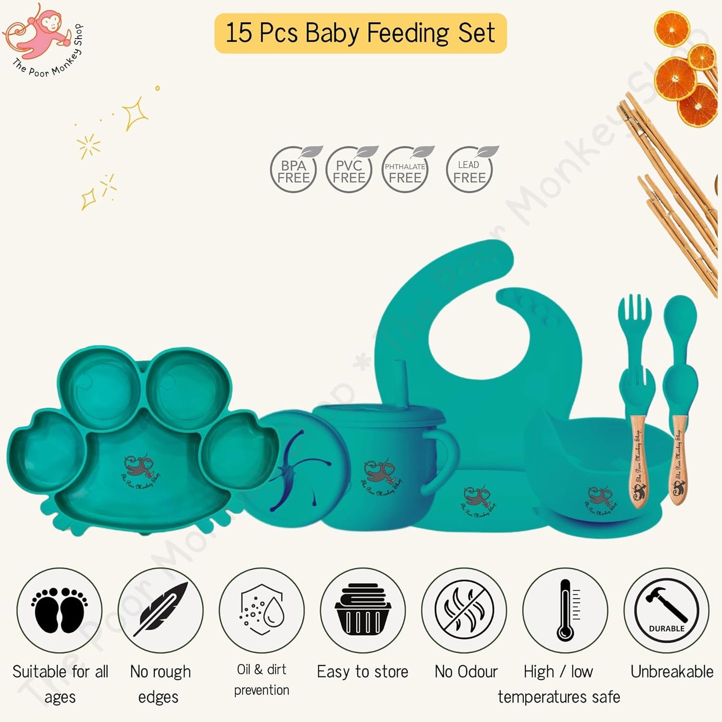 Poor-Monkey-Shop 15 Pc Baby Feeding Set | BPA-Free Food-Grade Silicone | Bib, Whale Shaped Suction Plate, Suction Bowl, Forks & Spoons, Cup, Fruit Feeder, and Much More | Safe for Babies & Toddlers