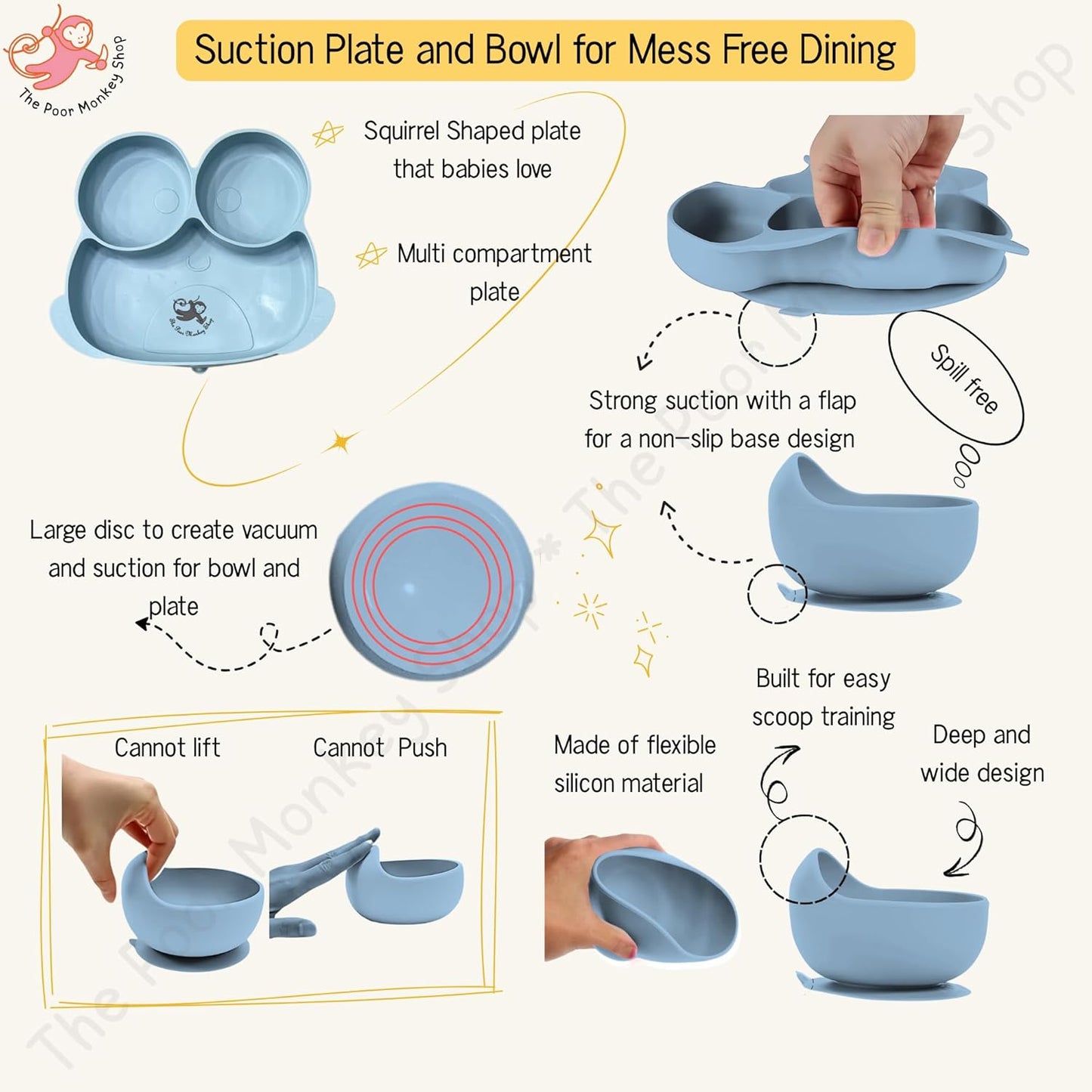 Poor-Monkey-Shop 15 Pc Baby Feeding Set | BPA-Free Food-Grade Silicone | Bib, Whale Shaped Suction Plate, Suction Bowl, Forks & Spoons, Cup, Fruit Feeder, and Much More | Safe for Babies & Toddlers