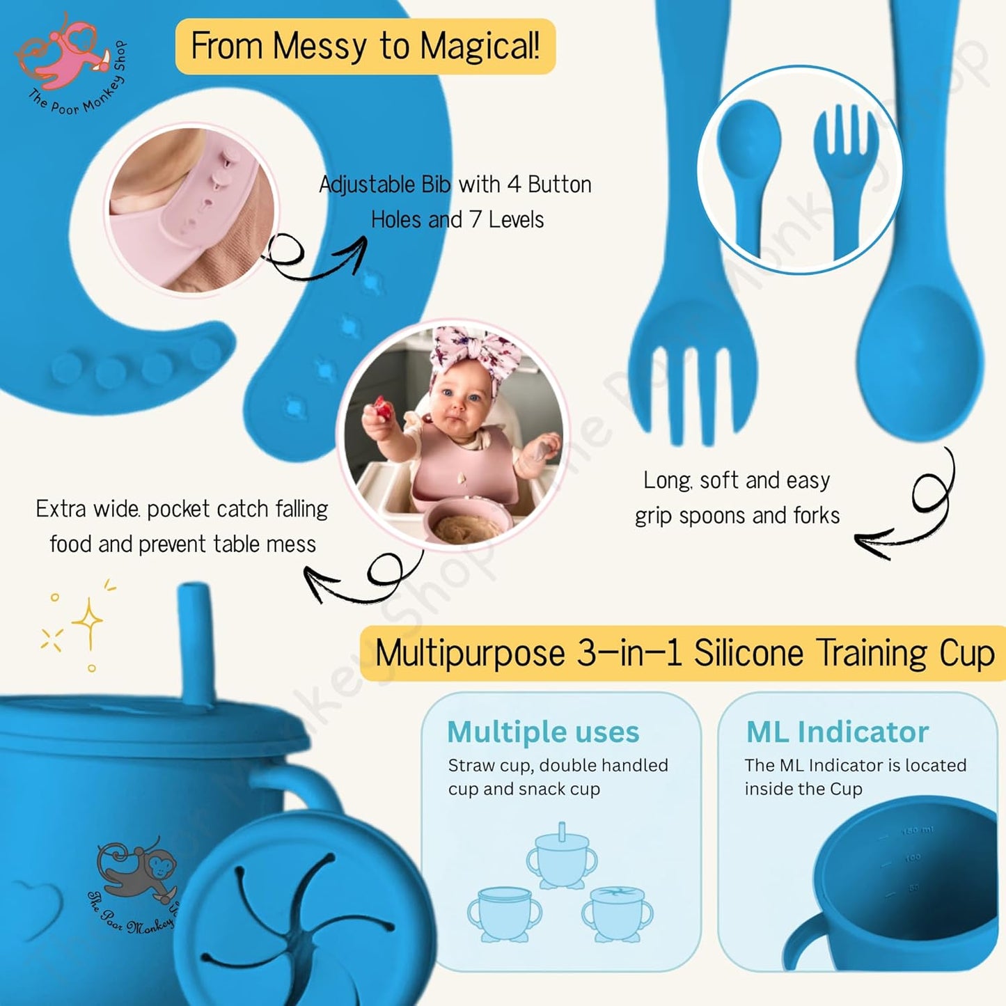 Poor-Monkey-Shop 15 Pc Baby Feeding Set | BPA-Free Food-Grade Silicone | Bib, Whale Shaped Suction Plate, Suction Bowl, Forks & Spoons, Cup, Fruit Feeder, and Much More | Safe for Babies & Toddlers