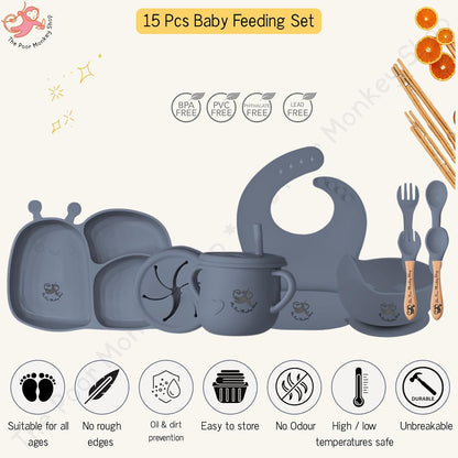 Poor-Monkey-Shop 15 Pc Baby Feeding Set | BPA-Free Food-Grade Silicone | Bib, Whale Shaped Suction Plate, Suction Bowl, Forks & Spoons, Cup, Fruit Feeder, and Much More | Safe for Babies & Toddlers