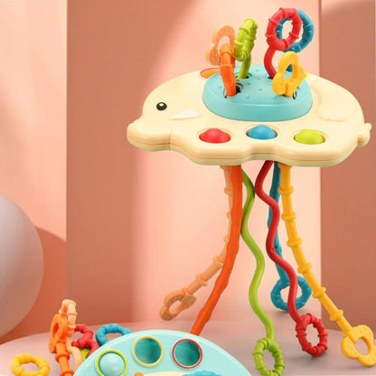 Kidology Pull String Teething Toy for Babies 6+ Months | Sensory Teether & Fine Motor Skills Activity | Montessori Toys for Baby Girls & Boys | Travel-Friendly, Food-Grade Silicone for Toddlers | UFO