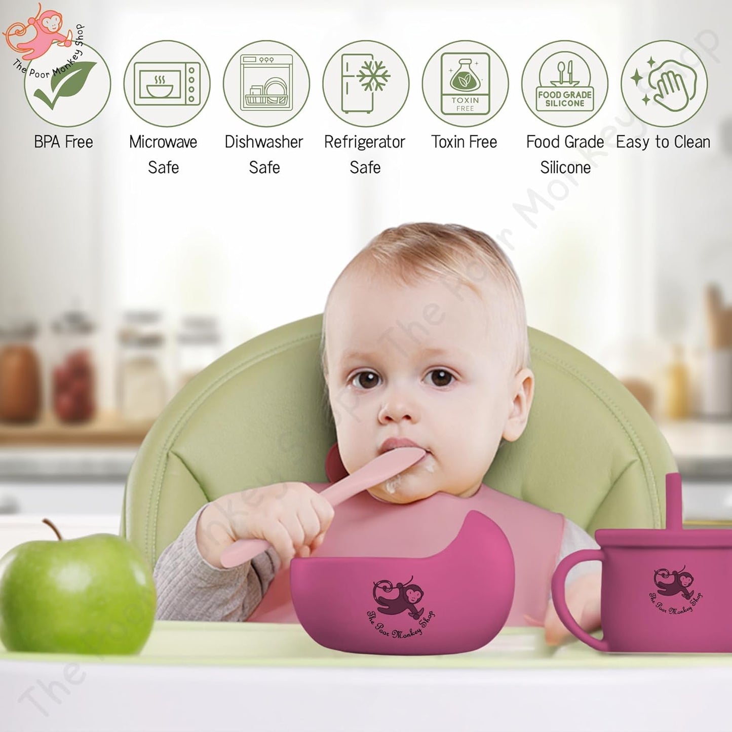Poor-Monkey-Shop 15 Pc Baby Feeding Set | BPA-Free Food-Grade Silicone | Bib, Whale Shaped Suction Plate, Suction Bowl, Forks & Spoons, Cup, Fruit Feeder, and Much More | Safe for Babies & Toddlers